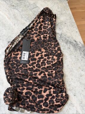 Lioness One-Shoulder Leopard Print Top in Brown and Black